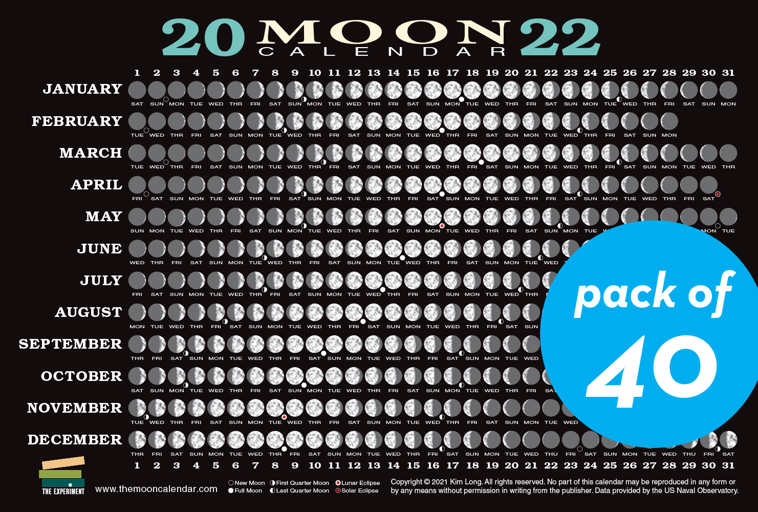 Moon Phase Calendar July 2022 2022 Moon Calendar Card (40 Pack) | The Experiment