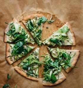 Chickpea Pizza with Asparagus and Pea Shoot Tangle